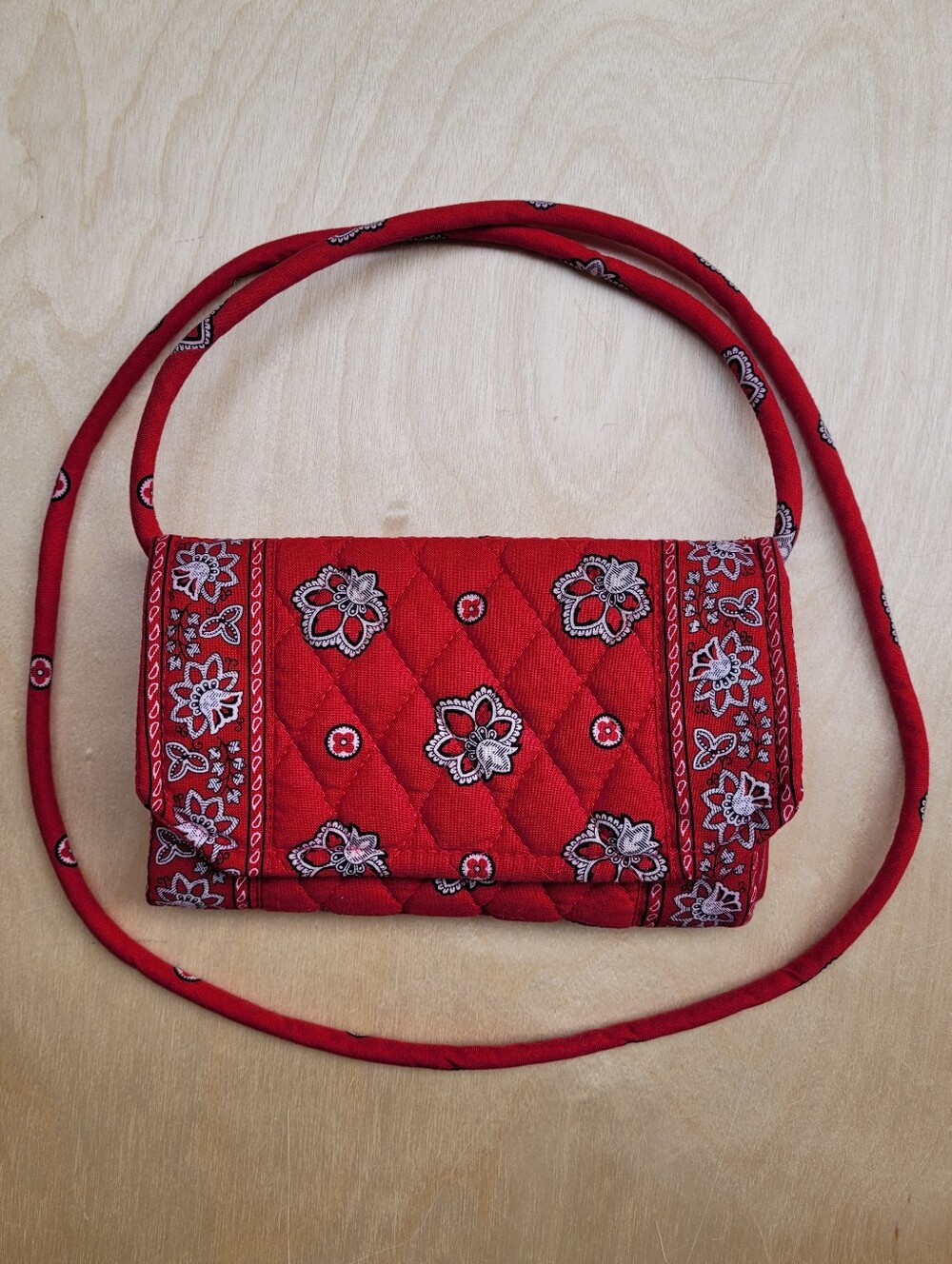 Vera Bradley Cotton Quilted Trifold Wallet w/ Crossbody Strap, Red Bandana Print